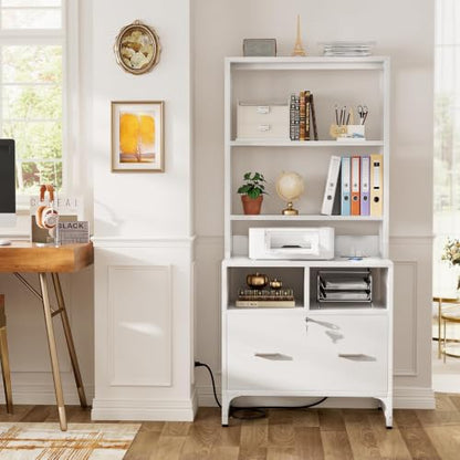 Homieasy Vertical File Cabinet with Shelves and Charging Station, White - color: White