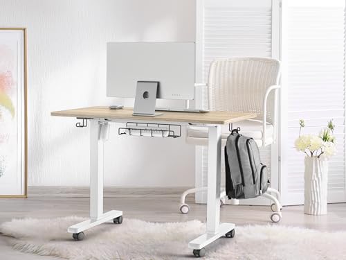 SHW Mobile Electric Height Adjustable Standing Desk w/Drawer, Maple | 40" Wide Top | w/ Memory Presets and Cable Management | Drawer with adjustable compartments | Hanging Hooks - color: Maple