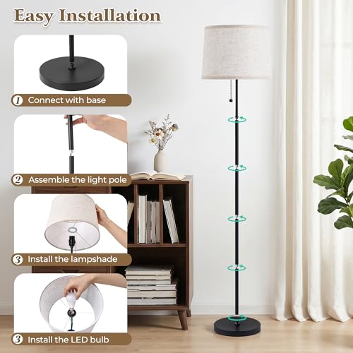 Floor Lamps for Living Room & Bedroom, 60" Modern Tall Standing Lamp, 3CCT | Lamps for Office, Classroom, Bedside, Linen Lampshade, Pull Chain Switch, Modern Design, Anti-glare Lighting, Easy Assembly - color: Linen T-Shades+Black Pole