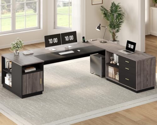 UPOSOJA 78.7" L Shaped Executive Desk with Lateral File Cabinet, Extra Large Office Desk with Drawers & Power Outlets, Modern Corner Computer Desk with Storage Shelves, Business Furniture, Grey - color: Grey