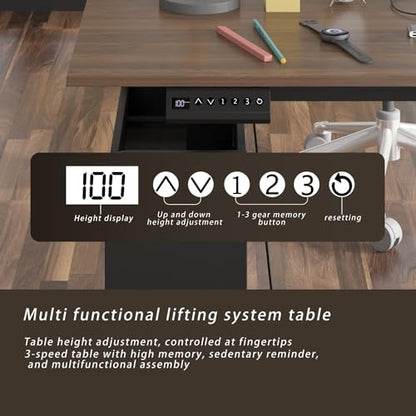 MOUMON Electric Standing Desk with Drawers and Shelves, Executive Adjustable Height Stand Up Desk, L-Shaped Design, 63 inch Tabletop, for Office Deep Brown and Black 63”W x 63”D x 28.9-45.3”H - color: Deep Brown and Black, size: 63”W x 63”D x 28.9-45.3”H