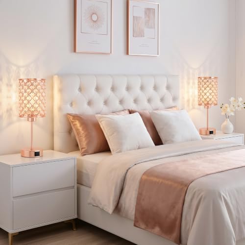 Crystal Table Lamp, Rose Gold Touch Lamp with USB C+A Port, 3-Way Dimmable - color: Rose Gold, size: 14.75"
