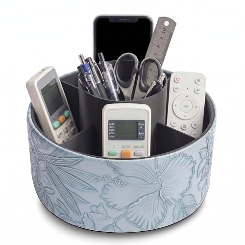Round Leather Art Supply Organizer,Remote Control Holder,360 Degree Spinning,Multi-Functional Pencil Holder,5 Compartments Desktop Stationary Organizer(1-Carved Blue) - color: 1-9Carved Blue, size: 360 Degree Rotation