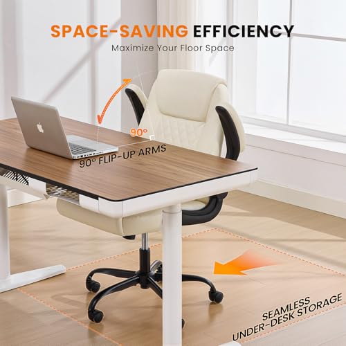 Executive Office Chair with Lumbar Support & Flip-up Arms, Beige | Ergonomic Desk Chair, 90–115° Tilt & Rocking, 20.1" Wide Seat, PU Leather, for Home Offices & Conference Rooms, 300Lbs - color: Beige