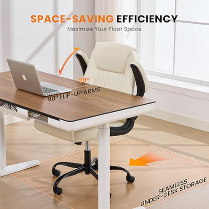 Executive Office Chair with Lumbar Support & Flip-up Arms, Beige | Ergonomic Desk Chair, 90–115° Tilt & Rocking, 20.1" Wide Seat, PU Leather, for Home Offices & Conference Rooms, 300Lbs - color: Beige