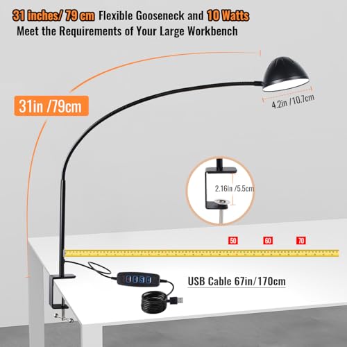 Long Gooseneck Clamp Lamp, Clip Desk Lamp with Clamp, 10W, 1100 LMS, 3 Color Modes, 10 Brightness Levels, 31 Inches Long Flaxible Gooseneck, Perfect for Craft, Reading, Home, Office - size: Large