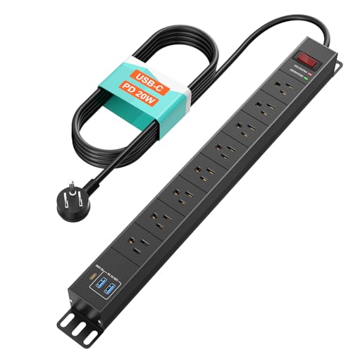 QBA 8 Outlet Metal Power Strip with USB C PD 20W, Heavy Duty Wide Spaced Outlets, Wall Mount for Home Office Garage Workshop, 6ft Cord, Black