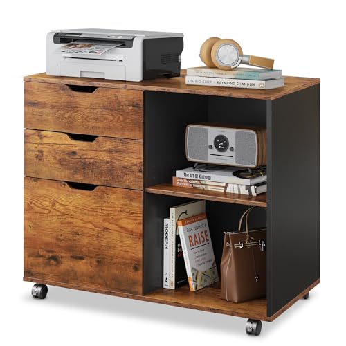 DEVAISE 3-Drawer Wood File Cabinet, Mobile Lateral Filing Cabinet, Printer Stand with Open Storage Shelves for Home Office, Rustic Brown | Mobile Printer Stand, Open Storage Shelves, Letter & A4 Compatible, Wood, Home Office - color: Rustic Brown