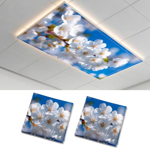 2 Pack White Cherry Blossom Decorative Ceiling Light Covers, Magnetic 4x2 Ft Fluorescent or LED Panel Filter, Anti-Glare Eye Protection for Classroom Office - color: Flower (1)