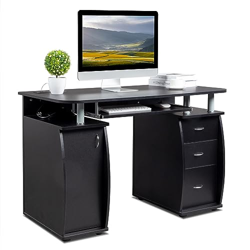 Karl home MDF Computer Desk with Strip Socket, Home Office Desk Writing Desk, Office Table with 3 Drawers and Storage Cabinet for Studio, Apartment, Coffee, Black - color: Black, size: with Keyboard and Charge Station