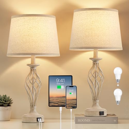 Table Lamp for Bedroom Set of 2 with USB C+A Ports,Modern Night Stand Lamps - color: Beige Base + Light Oat Color Shade