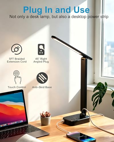 LED Desk Lamp Power Strip with 4 USB 3 Outlets, Dorm Room Essentials, Black - color: Black, size: 5 Ft