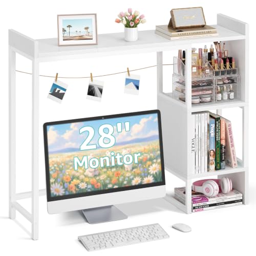 White 37" Desk Hutch for Table Top, Dorm Desk Bookshelf with Side Baffles, Desktop Organizer Shelf for Office & College, Monitor Riser Stand - color: White