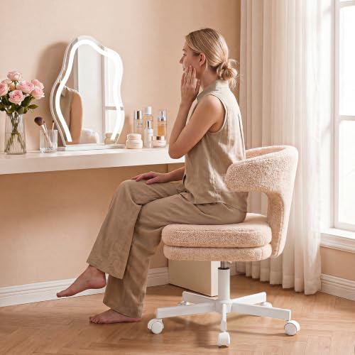 GTPLAYER Swivel Office Desk Chair with Wheels, Adjustable Height Vanity Chair with Back Support, Comfy Rolling Stool for Home Office, Bedroom & Makeup Vanity, Sweet Gift for Girls and Women - color: Khaki Brown