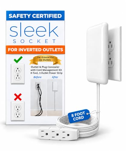 Sleek Socket Original & Patented Ultra-Thin Outlet Concealer with Cord Concealer Kit, Flat Extension Cord with Multi Outlets Power Strip, Ideal for Home Improvement, Hide Bulky and Messy Cords - size: 8 ft - Single Cord, style: Inverted Outlet