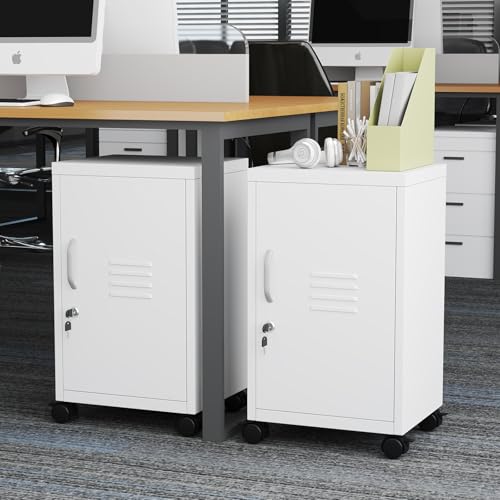 pozdeg 24.4" H Metal Locker Storage File Cabinet with Wheels, White | Small Employees Locking Steel Locker Adjustable Shelf & Lock, Single Door Lockable Cabinet for Home, School, Office, Gym