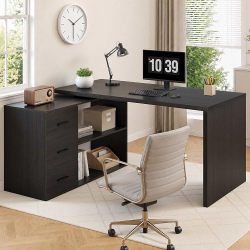 HSH Dark Grey L Shaped Computer Corner Desk with 3 Storage Drawers 55 inch | Reversible Home Office Corner Desk with 2 Open Side Shelves Modern Wood Executive L Desks for Bedroom,Study Workstation - color: Dark Gray Oak, size: 55 Inch