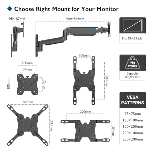 BONTEC Monitor Wall Mount Arm, 13-42 Inch Screens, Max VESA 200x200mm | VESA Gas Spring Height Adjustable, Max 19.8lbs, Swivel, Tilt, Space-Saving Desk Mount, Easy Installation, Single Arm TV Mount - style: Single Arm