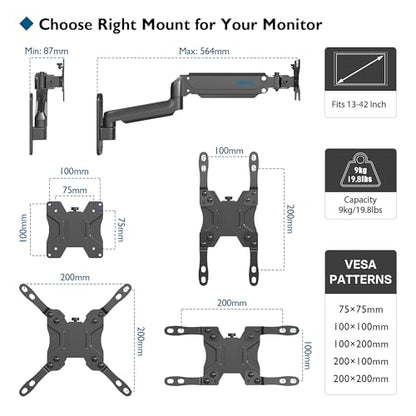 BONTEC Monitor Wall Mount Arm, 13-42 Inch Screens, Max VESA 200x200mm | VESA Gas Spring Height Adjustable, Max 19.8lbs, Swivel, Tilt, Space-Saving Desk Mount, Easy Installation, Single Arm TV Mount - style: Single Arm