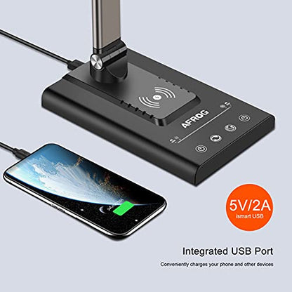 AFROG 5th Gen Multifunctional LED Desk Lamp with 10W Fast Wireless Charger, USB Charging Port,1800Lux Super Bright,5 Lighting Mode,7 Brightness, Touch Control, Auto Timer, 15W Office Table Lamp - color: Brown 5.0 Pro
