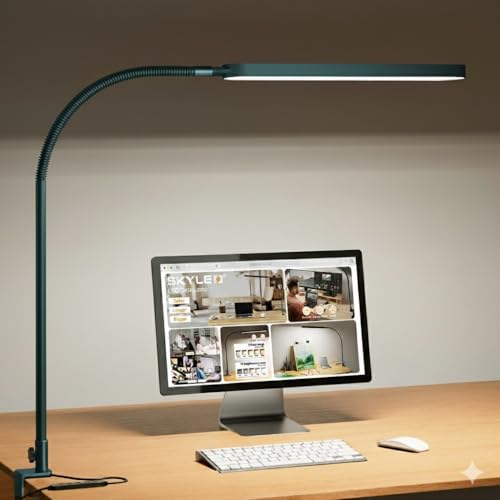 SKYLEO LED Desk Lamp - Desk Light for Home Office - Flexible Gooseneck - 5 Color Modes X 11 Brightness Levels - 1300LM - Timmer & Memory Function - 12W Clip on Light - Green - style: Green gooseneck