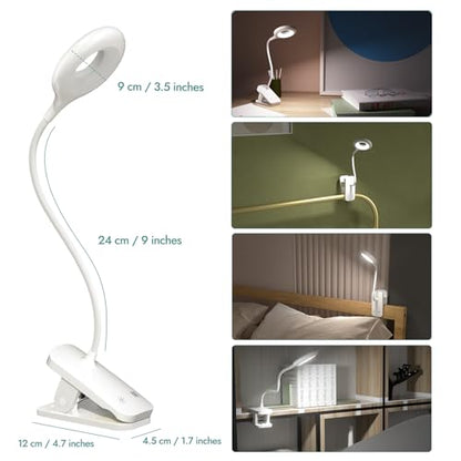 CUHIOY Rechargeable Clip on Reading Light for Bed Headboard, White, 1 Pack | Battery Clamp Bunk Bed Light, 5 Colors 5 Brightness Flexible Neck Desk Lamp, Flicker-Free Touch Control Kids Book Light - style: 1Pack White
