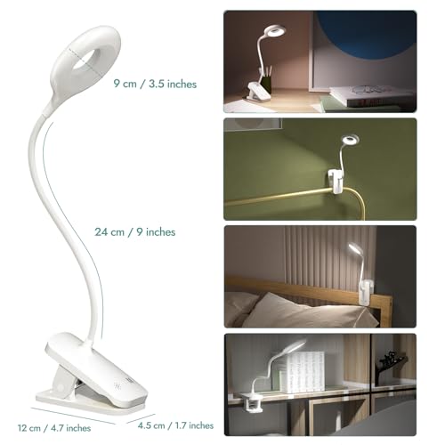 CUHIOY 2Pack Rechargeable Clip on Reading Light for Bed Headboard, White | 5 Colors 5 Brightness Bed Light, Battery Flexible Arm Table Lamp with Clamp, Flicker-Free LED Book Light at Night, Crafting - style: 2Pack White
