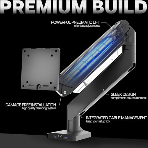 VIVO Premium Aluminum Heavy Duty Monitor Arm with 3.0 USB Ports, Fits Ultrawide Monitors up to 49 inches and 33 lbs, Single Desk Mount Stand, Pneumatic Height, Max VESA 100x100, Black, STAND-V101G1U - size: Standard, style: USB