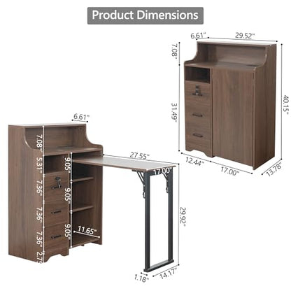 Fold Out Desk with Storage, Hidden Desk with Lockable Drawers & Shelves, Built-in Power Outlet,Folding Desk for Study and Home Office (Walnut) - color: Walnut