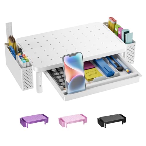 WALI Computer Monitor Stand with Storage and Pen Holder | 3 Height Adjustable Desk Organizer with Drawer, Desk Laptop Monitor Riser for Computer, Printer(PTT003-W), 1 Pack, White - color: White, size: 14.6"L * 9.3"W,11" 1 Drawer, 2 Pen Holder