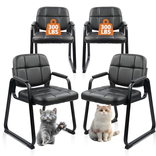 CLATINA Waiting Room Chairs No Wheels Set of 4, Stationary Leather Office Reception Guest Chair with Padded Arms and Sled Base for Elderly Desk Conference Room Lobby Table Side Salon - color: Inky, size: 4 Pack