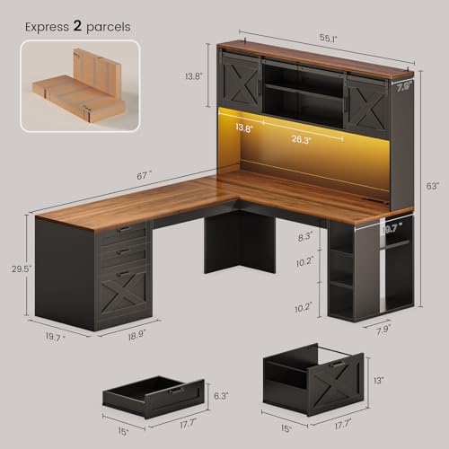 SEDETA 67" Farmhouse L Shaped Desk with Hutch, Black+Brown - color: Black and Brown, size: L Shaped Desk with Hutch (67")