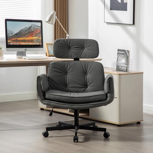 Criss Cross Chair with Wheels & Adjustable Armrests, High Back PU Leather Executive Desk Chair for Home Office, Comfy Cross Legged Wide Computer Task Chair, Gray - color: Grey