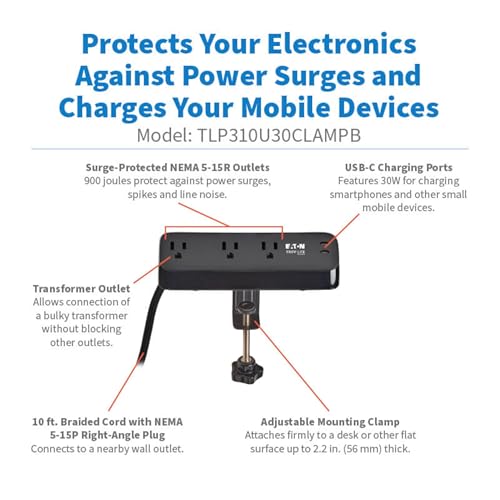 Eaton Tripp Lite TLP310U30CLAMPB Desk Clamp Surge Protector & 2 USB-C Ports