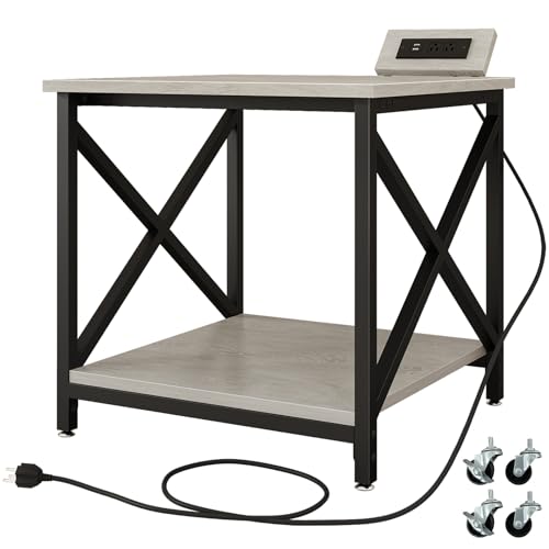 METYERRY 23.6"x23.6" Large Printer Stand with Power Outlet | 2 Tier Storage Shelf, 200 lbs Heavy Duty, Industrial Wheels, Fits 3D Printers, Laser Printers and Heat Press, Home Office - color: Greige