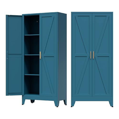 COFaR Home Farmhouse Storage Cabinet with 2 Barn Door, Tall Kitchen Pantry Cupboard with 3 Adjustable Shelves, for Dining Room, Bathroom, Living Room (Blue Green, 61" Farmhouse) - color: Blue Green, size: 61" Farmhouse