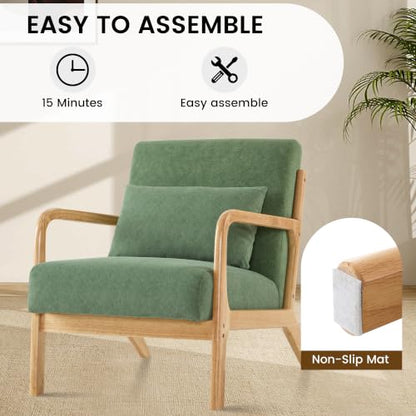 Mid Century Modern Accent Chair Set of 2, Upholstered Chair for Living Room, Accent Chair with Lumbar Pillow Solid Wood Frame Reading Chair Armchair for Bedroom Small Spaces, Green - color: Green