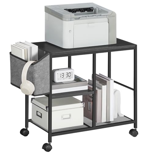 MAHANCRIS Printer Stand with Storage Bag, 3-Tier Mobile Under Desk Printer Cart with Wheels, Wooden Rolling Printer Table, Organizer Shelf for Study, Office, Living Room, Black PTHB2201 - color: Black