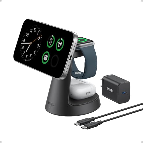 Anker MagSafe Charger Compatible, MagGo 3-in-1 Qi2 15W Charging Station | Wireless Charger, Magnetic Charging Stand for iPhone 17 / 16 / 15 Series, Apple Watch, AirPods, and More (Adapter Included) - color: Black