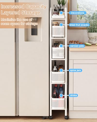 UMDONX 5-Tier Narrow Mobile Storage Cart with Pull-Out Baskets - color: White, size: 5 Tier