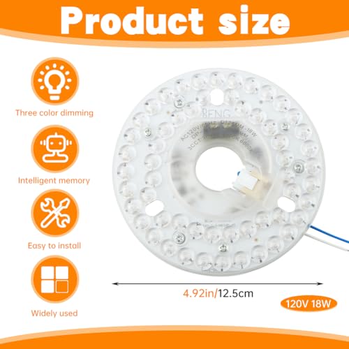 Ceiling Fan LED Light Replacement Disc 18W 4.9 in 120V 3CCT | Hardwired dimmable ceiling fan LED replacement panel with 3 CCT 3000K 4000K 5000K and anti-glare PC diffuser - size: 4.92 inch