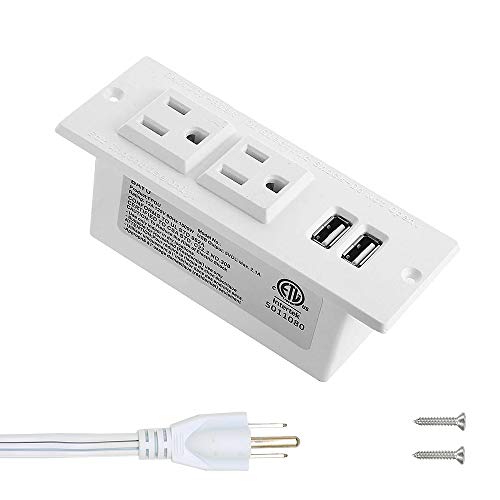 Recessed Power Strip with USB Mountable Power Strip with USB 2 Power Outlets 2 USB Hub Built in Desk Table Coneference Sofa Cabinet Drawer - color: White