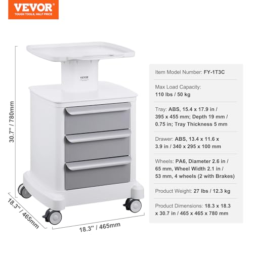 VEVOR 4 Tiers Lab Carts, Lab Utility Cart with 3 Drawers & 1 Top Tray, Mobile Medical Cart with ABS Material, Lab Rolling Cart with 4 Silent Wheels for Lab, Clinic, Hospital, Salon, White - color: White + Gray