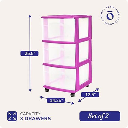 HOMZ Drawer Tower, 3-Tier Storage Cart w/Removable Wheels, Purple, 2 Pack - color: Purple, size: 2 Pack