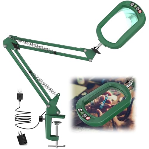 IVMAIE 12X Rectangle Magnifying Glass with Light, 5 Color Modes Stepless Dimmable Magnifier with Stand, LED Lighted Clamp Desk Lamp with Swing Arm, Hands Free for Reading Painting Close Work - Green - color: Green, size: 12X