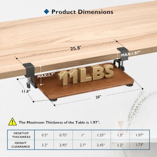 BONTEC Under Desk Keyboard Tray, Pull-Out Keyboard & Mouse Platform | C-Clamp Mount, Space-Saving Ergonomic Slide-Out Drawer, 31.3 in Including Clamps, 20 x 11.8 in Tray, Walnut - color: Walnut, size: 20" x 11.8"