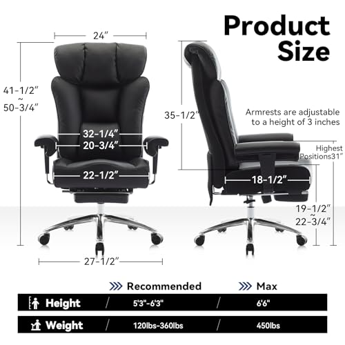 Efomao Big and Tall Executive Office Chair 450lbs,Black | 5.9" Thick Pocket Spring Cushion, Reclining Breathable PU Leather Desk Chair with Foot Rest, Soft Comfortable Support - color: 3060r-black