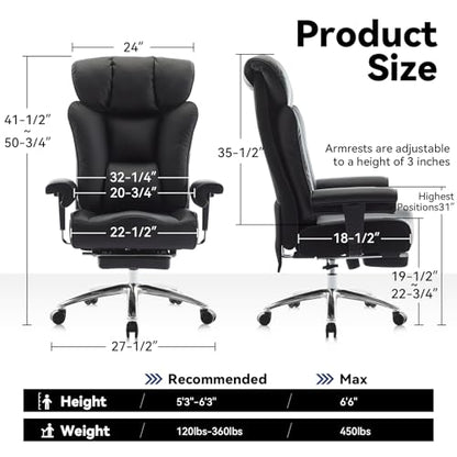 Efomao Big and Tall Executive Office Chair 450lbs,Black | 5.9" Thick Pocket Spring Cushion, Reclining Breathable PU Leather Desk Chair with Foot Rest, Soft Comfortable Support - color: 3060r-black