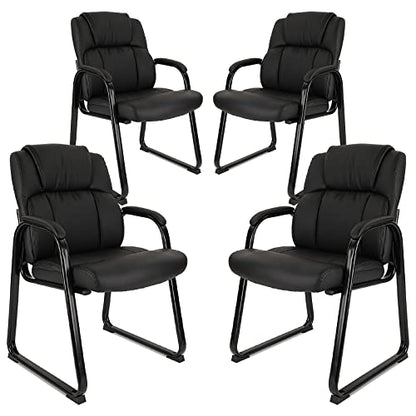 CLATINA Ergonomic Black Guest Chair with Arms Set of 4- Office Reception & Conference Seating, PU Leather Meeting Chairs with Sled Base for Waiting Rooms & Home Offices - color: Black-sled Base, size: 4PK
