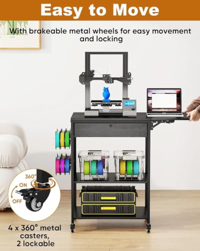 Baoz 4 Tier 3D Printer Stand with Filament Storage & Lockable Wheels(Black) | 3D Printer Table with 1 Drawer, Rolling 3D Printer Cart with 4 Spool Hooks, Sturdy 3D Printer Desk for Studio, Home Office